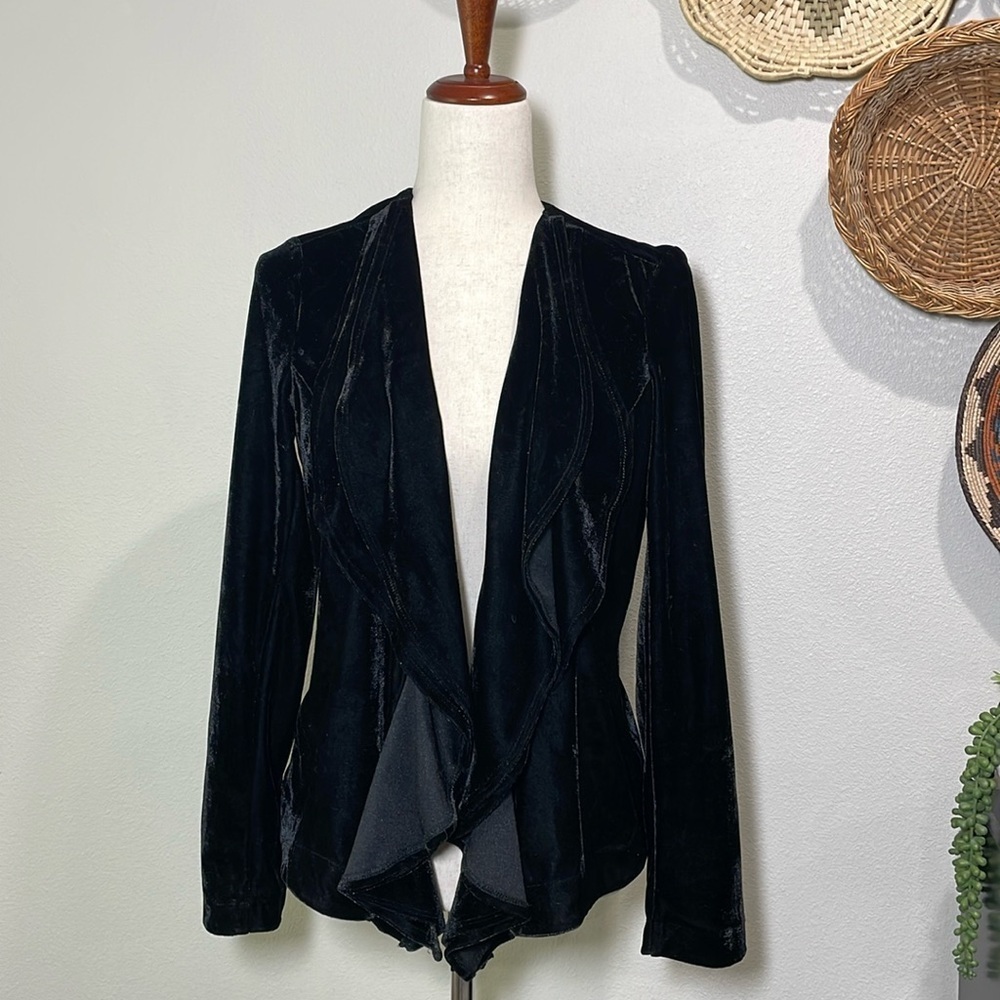 Ladies Black Velvet Double Ruffled Front Blazer Jacket Size Small